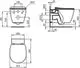 Schematische Darstellung eines WC-Elements für eine Ideal Standard Toilette mit Abmessungen und Anschlüssen in verschiedenen Ansichten.
